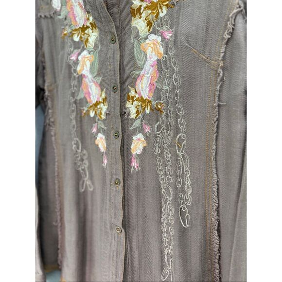 The Pyramid Collection Womens Brown Embroidered Floral Button Down Shirt Top XL - Picture 10 of 11